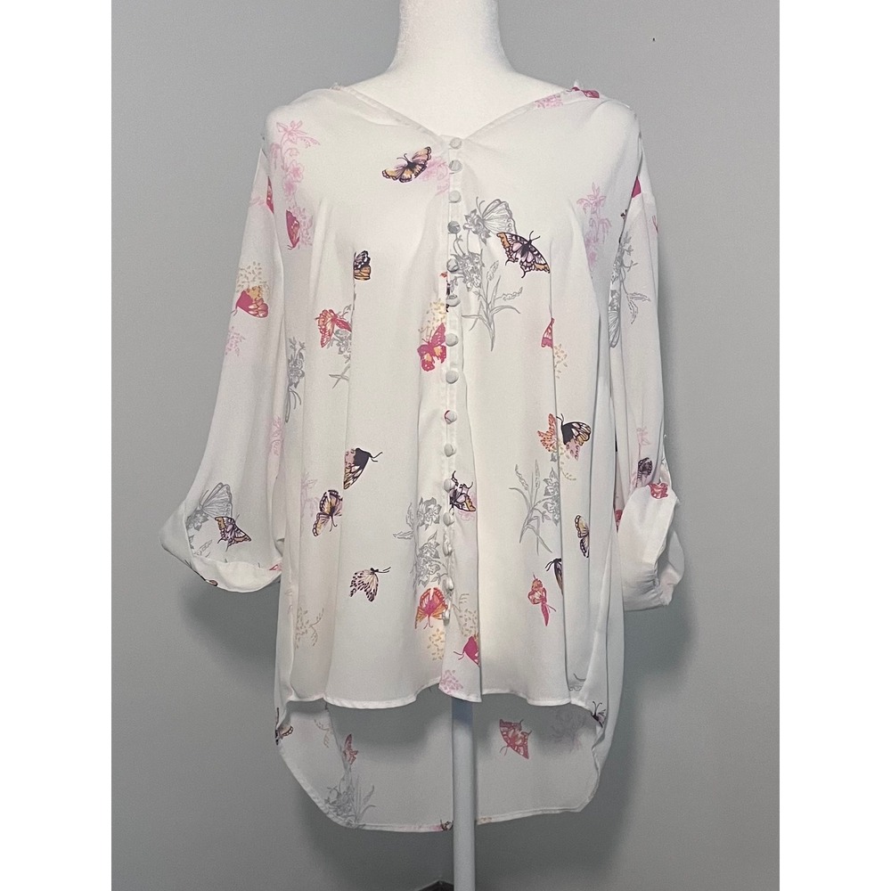 Torrid Butterfly Print Blouse Women Size 2X White Fairycore High Low Top